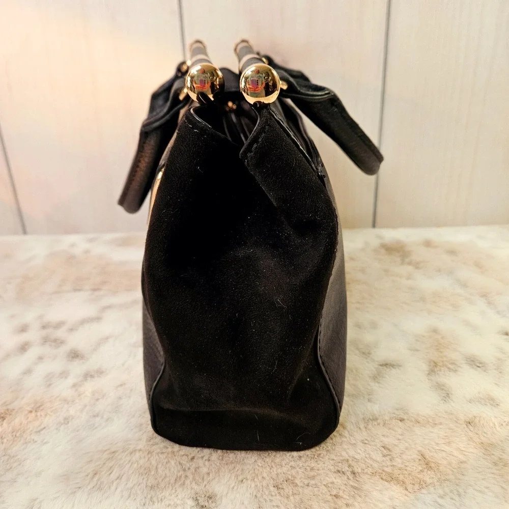 Lauren Conrad Black Faux Pebble‎ Leather & Suede Handbag Satchel Purse Rose Gold